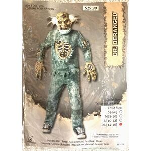 Dr. Deranged Child Halloween Costume Size XL‎ 14-16 Scary Zombie Mask